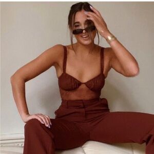 danielle bernstein sheer lace thong bodysuit burnt orange/warm brown 00